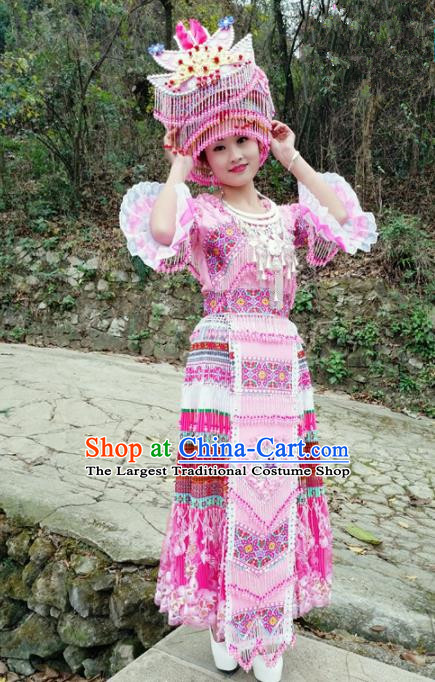 Traditional Chinese Minority Ethnic Folk Dance Embroidery Pink Dress Miao Nationality Stage Performance Costume and Hat for Women