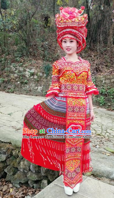 Traditional Chinese Minority Ethnic Folk Dance Embroidery Red Dress Miao Nationality Stage Performance Costume and Hat for Women