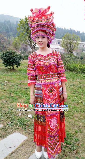 Traditional Chinese Miao Nationality Bride Embroidered Red Dress Minority Ethnic Folk Dance Stage Performance Costume for Women