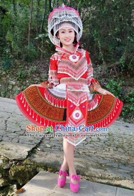 Traditional Chinese Miao Nationality Female Embroidered Red Short Dress Minority Ethnic Folk Dance Stage Performance Costume for Women