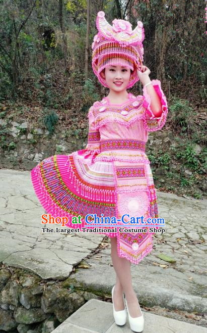 Traditional Chinese Miao Nationality Female Embroidered Pink Short Dress Minority Ethnic Folk Dance Stage Performance Costume for Women