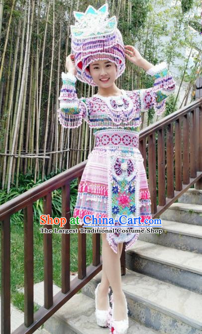 Traditional Chinese Miao Nationality Female Short Dress Minority Ethnic Folk Dance Stage Performance Costume and Hat for Women