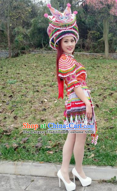 Traditional Chinese Miao Nationality Female Red Costume Minority Ethnic Folk Dance Stage Performance Short Dress and Hat for Women