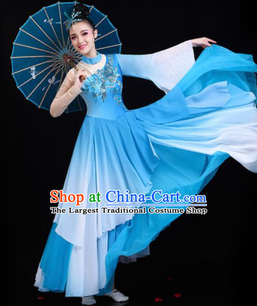 Traditional Chinese Classical Dance Group Dance Blue Dress Umbrella Dance Stage Performance Costume for Women