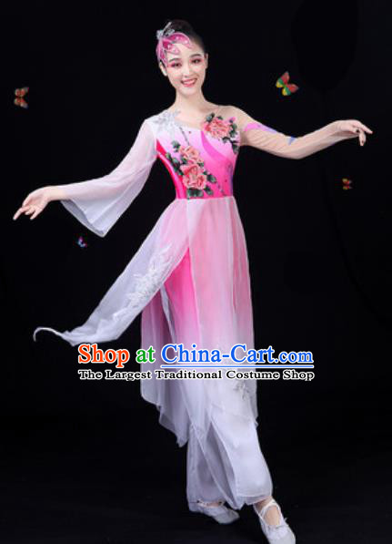 Traditional Chinese Classical Dance Rosy Dress Umbrella Dance Group Dance Stage Performance Costume for Women