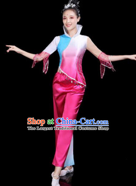 Traditional Chinese Yangko Group Dance Folk Dance Rosy Clothing Fan Dance Stage Performance Costume for Women