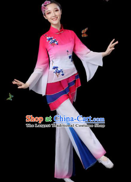 Traditional Chinese Classical Dance Rosy Clothing Umbrella Dance Group Dance Stage Performance Costume for Women