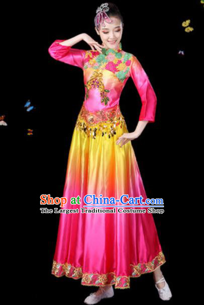 Traditional Chinese Classical Dance Chorus Rosy Dress Umbrella Dance Group Dance Stage Performance Costume for Women