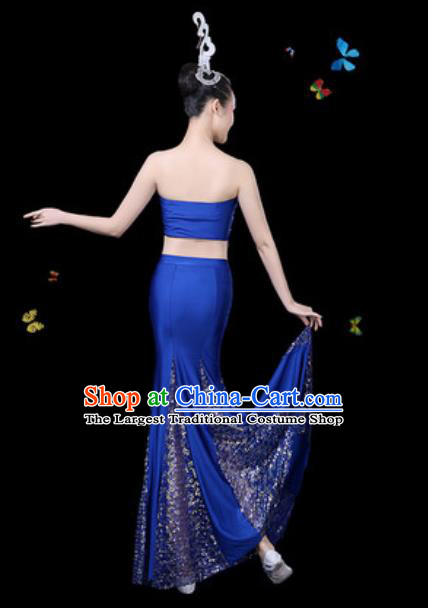 Traditional Chinese Minority Ethnic Peacock Dance Royalblue Dress Dai Nationality Stage Performance Costume for Women