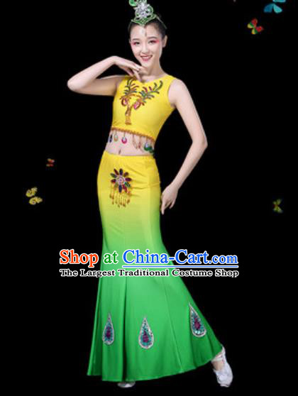 Traditional Chinese Minority Ethnic Peacock Dance Gradient Yellow Dress Dai Nationality Stage Performance Costume for Women