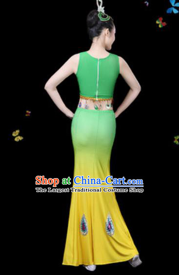 Traditional Chinese Minority Ethnic Peacock Dance Gradient Green Dress Dai Nationality Stage Performance Costume for Women