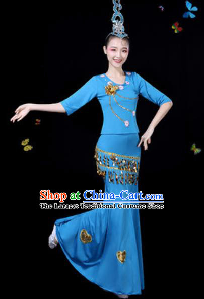Traditional Chinese Minority Ethnic Peacock Dance Blue Dress Dai Nationality Stage Performance Costume for Women
