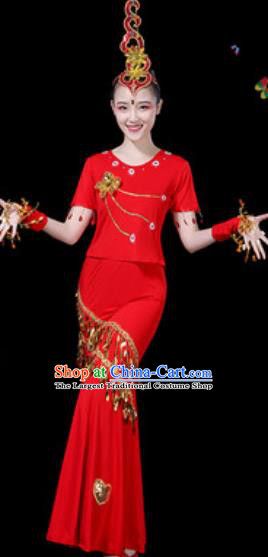 Traditional Chinese Minority Ethnic Peacock Dance Red Dress Dai Nationality Stage Performance Costume for Women