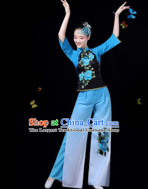 Traditional Chinese Group Dance Yangko Blue Clothing Folk Dance Fan Dance Stage Performance Costume for Women