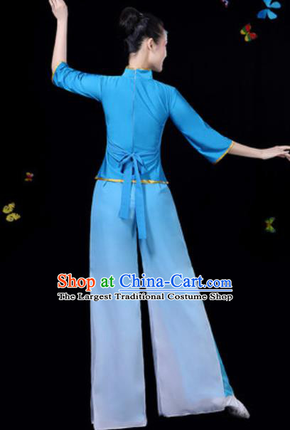 Traditional Chinese Group Dance Yangko Blue Clothing Folk Dance Fan Dance Stage Performance Costume for Women