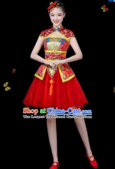Traditional Chinese Yangko Red Dress Folk Dance Drum Dance Stage Performance Costume for Women