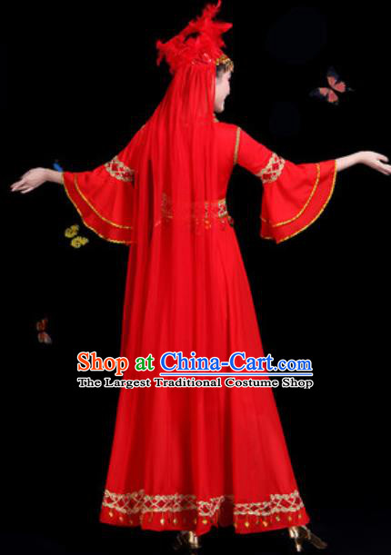 Traditional Chinese Minority Ethnic Red Dress Uyghur Nationality Dance Stage Performance Costume for Women