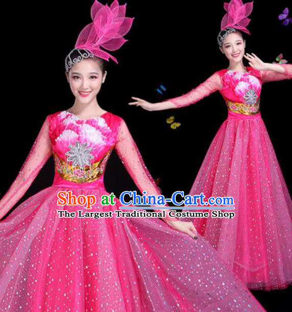 Traditional Chinese Modern Dance Rosy Veil Dress Spring Festival Gala Opening Dance Stage Performance Costume for Women