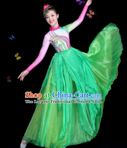 Chinese Traditional Classical Dance Green Dress Umbrella Dance Group Dance Stage Performance Costume for Women