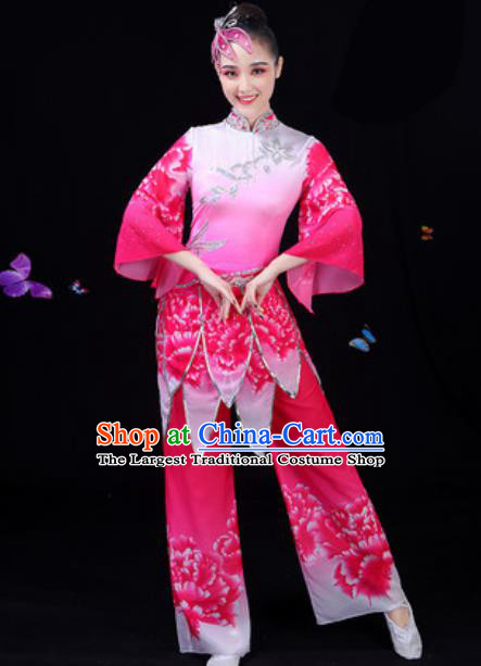 Traditional Chinese Yangko Lotus Dance Rosy Clothing Folk Dance Fan Dance Stage Performance Costume for Women