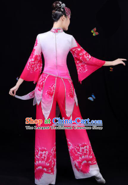 Traditional Chinese Yangko Lotus Dance Rosy Clothing Folk Dance Fan Dance Stage Performance Costume for Women