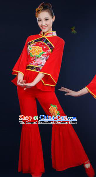 Traditional Chinese Fan Dance Embroidery Peony Red Clothing Folk Dance Yangko Stage Performance Costume for Women