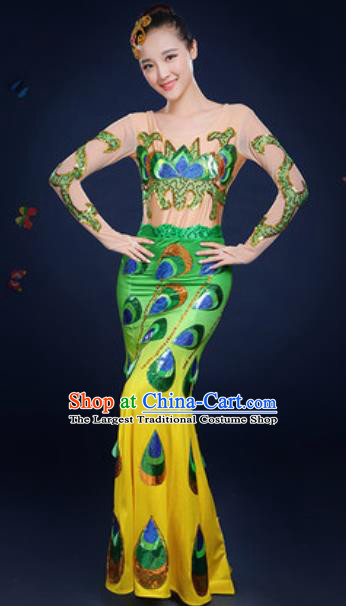 Traditional Chinese Minority Ethnic Green Dress Dai Nationality Dance Stage Performance Costume for Women