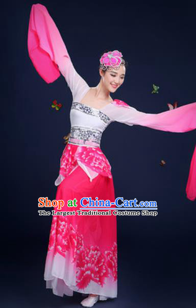 Chinese Traditional Umbrella Dance Lotus Dance Rosy Dress Classical Dance Stage Performance Costume for Women