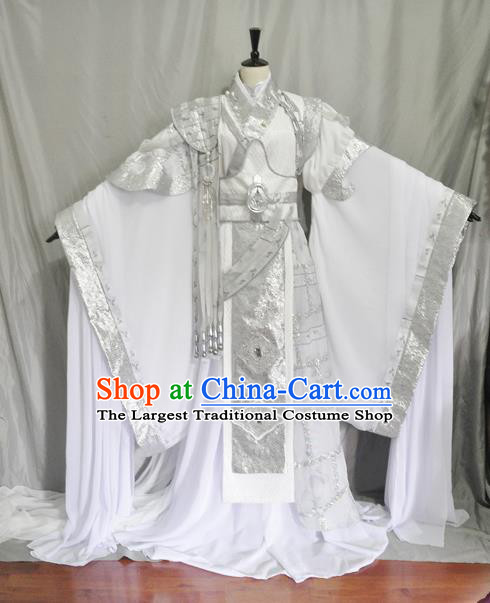 Traditional Chinese Cosplay Swordsman White Hanfu Clothing Ancient Prince Embroidered Costume for Men