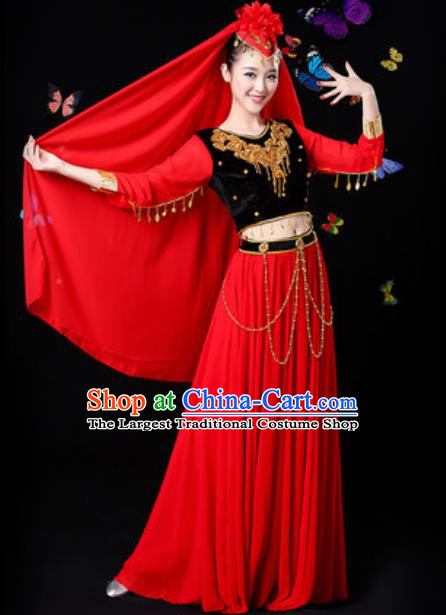 Traditional Chinese Minority Ethnic Red Dress Uyghur Nationality Folk Dance Stage Performance Costume for Women