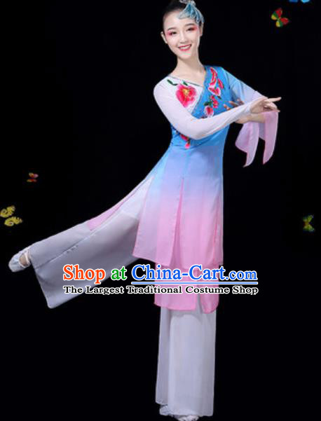 Traditional Chinese Classical Dance Blue Dress Umbrella Dance Group Dance Stage Performance Costume for Women