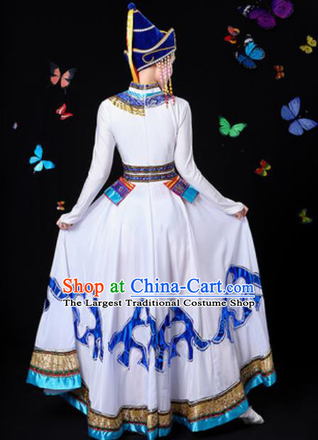 Traditional Chinese Minority Ethnic White Dress Mongol Nationality Folk Dance Stage Performance Costume for Women