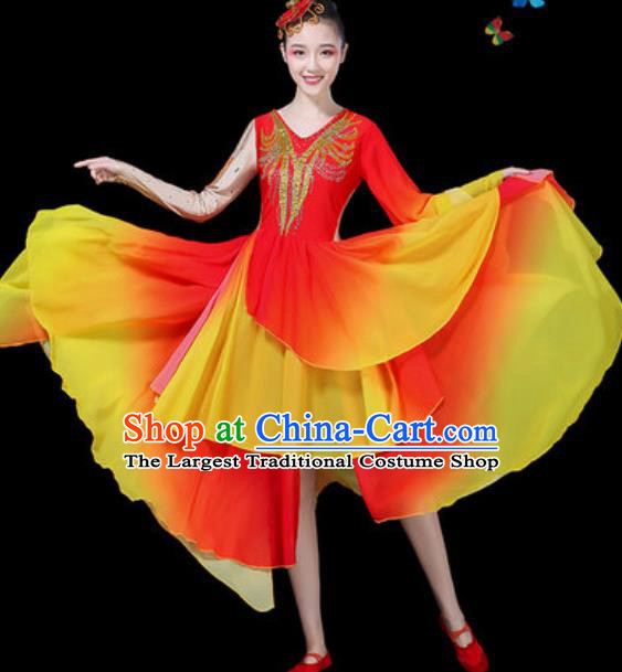 Chinese Traditional Classical Dance Red Dress Umbrella Dance Group Dance Stage Performance Costume for Women