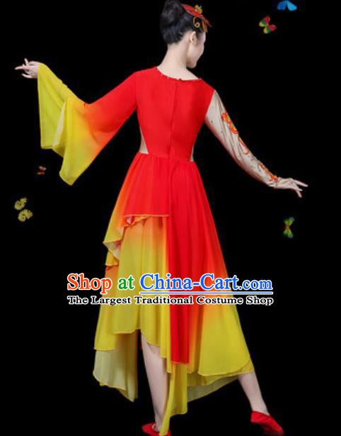 Chinese Traditional Classical Dance Red Dress Umbrella Dance Group Dance Stage Performance Costume for Women