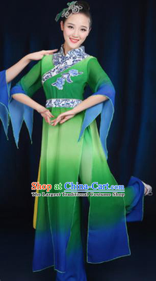 Chinese Traditional Umbrella Dance Group Dance Green Dress Classical Dance Stage Performance Costume for Women