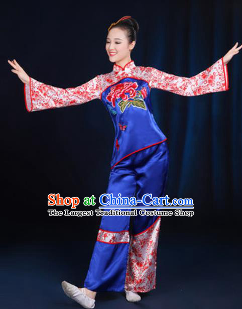 Traditional Chinese Yangko Fan Dance Group Dance Royalblue Clothing Folk Dance Stage Performance Costume for Women