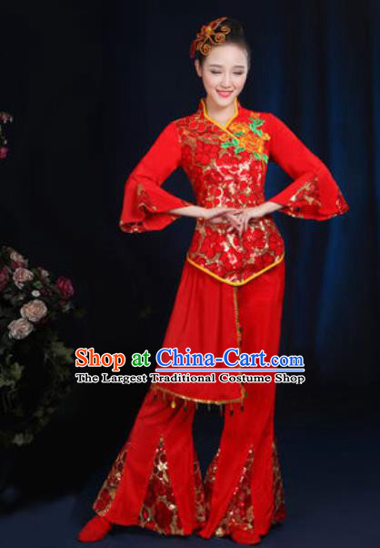 Traditional Chinese Fan Dance Red Clothing Folk Dance Yangko Stage Performance Costume for Women
