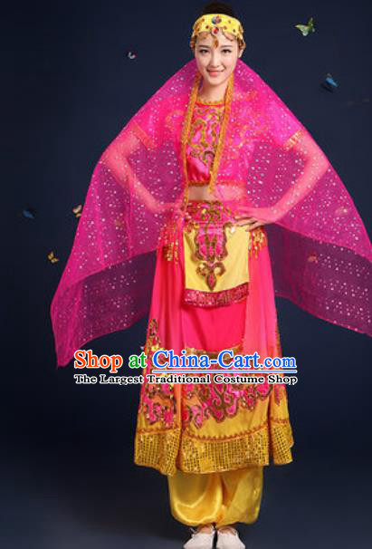 Traditional Chinese Minority Ethnic Dress Uyghur Nationality Dance Stage Performance Rosy Costume for Women