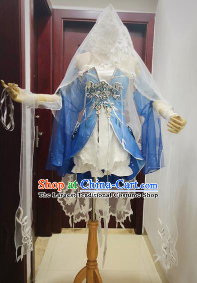 Traditional Chinese Cosplay Female Knight Blue Hanfu Dress Ancient Swordswoman Embroidered Costume for Women