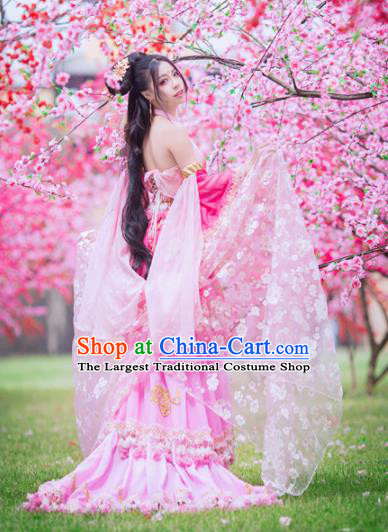 Traditional Chinese Tang Dynasty Princess Pink Hanfu Dress Ancient Peri Embroidered Costume for Women