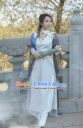 Traditional Chinese Cosplay Swordswoman White Hanfu Dress Ancient Heroine Embroidered Costume for Women