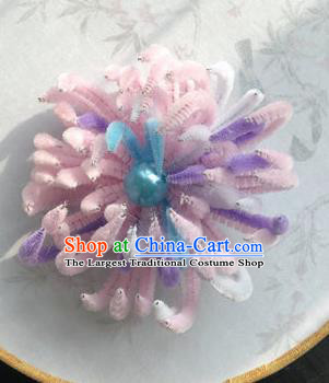 Traditional Chinese Qing Dynasty Pink Velvet Chrysanthemum Hairpins Handmade Ancient Palace Hair Accessories for Women