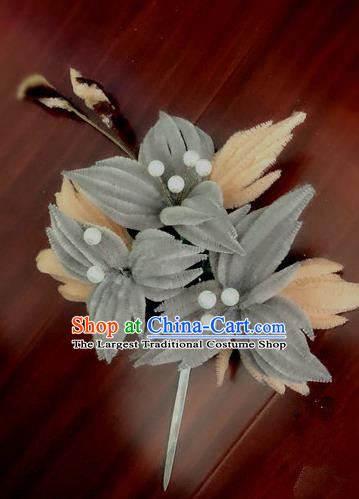Traditional Chinese Qing Dynasty Grey Velvet Flowers Hairpins Handmade Ancient Palace Hair Accessories for Women