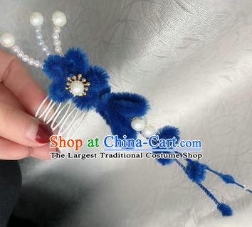 Traditional Chinese Qing Dynasty Royalblue Velvet Flowers Hair Comb Hairpins Handmade Ancient Palace Hair Accessories for Women