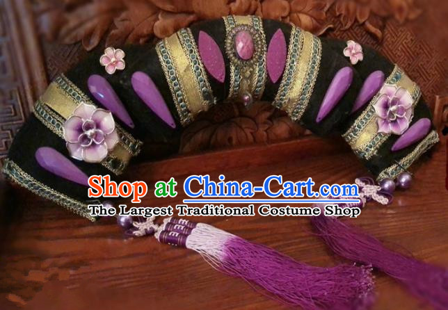 Traditional Chinese Qing Dynasty Palace Lady Purple Tassel Headwear Ancient Manchu Hair Accessories for Women