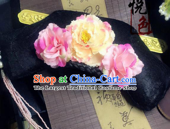 Traditional Chinese Qing Dynasty Palace Lady Pink Peony Headwear Ancient Manchu Hair Accessories for Women