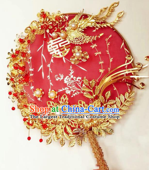 Traditional Chinese Wedding Palace Fans Ancient Palace Bride Red Round Fan Accessories for Women