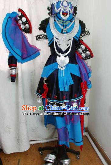 Traditional Chinese Cosplay Swordswoman Blue Hanfu Dress Ancient Taoist Nun Embroidered Costume for Women