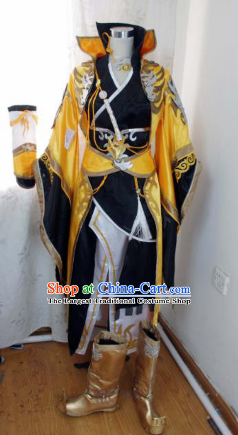 Traditional Chinese Cosplay Knight Yellow Clothing Ancient Swordsman Embroidered Costume for Men