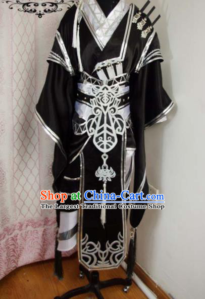 Traditional Chinese Cosplay Knight Prince Black Clothing Ancient Swordsman Embroidered Costume for Men